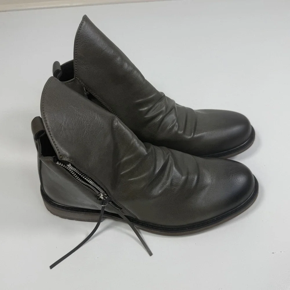 MANLY Mens Dark Grey Ruched‎ Leather Zip Ankle Boots Size 43 (US 9.5)
